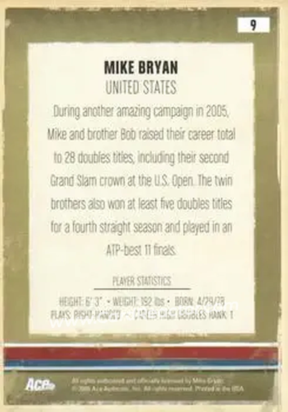 2006 Ace Authentic Heroes & Legends #9 - Mike Bryan - Back