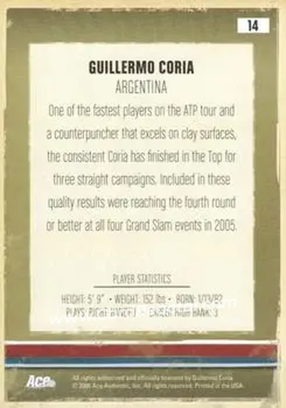 2006 Ace Authentic Heroes & Legends #14 - Guillermo Coria - Back