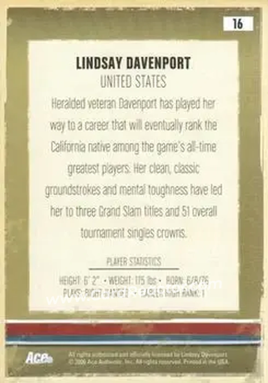 2006 Ace Authentic Heroes & Legends #16 - Lindsay Davenport - Back