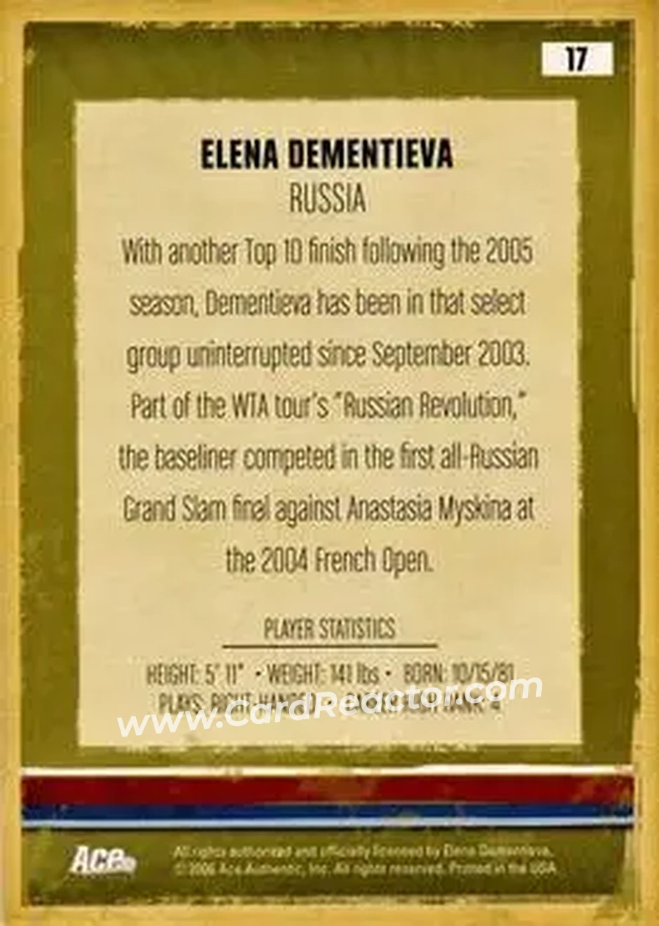 2006 Ace Authentic Heroes & Legends #17 - Elena Dementieva - Back