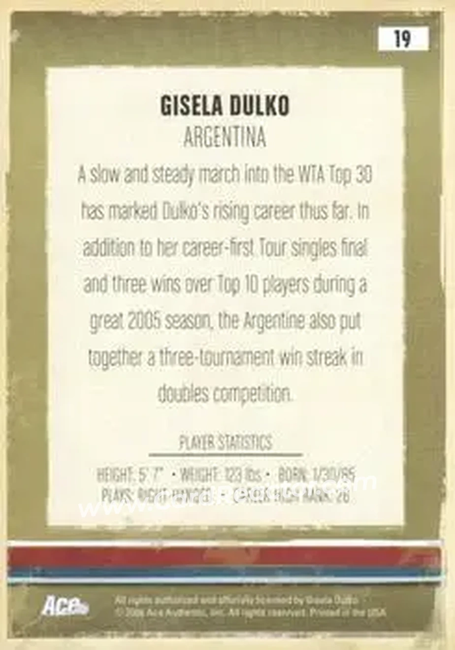 2006 Ace Authentic Heroes & Legends #19 - Gisela Dulko - Back