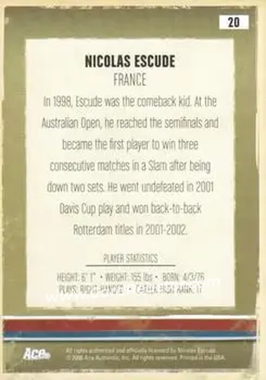 2006 Ace Authentic Heroes & Legends #20 - Nicolas Escude - Back