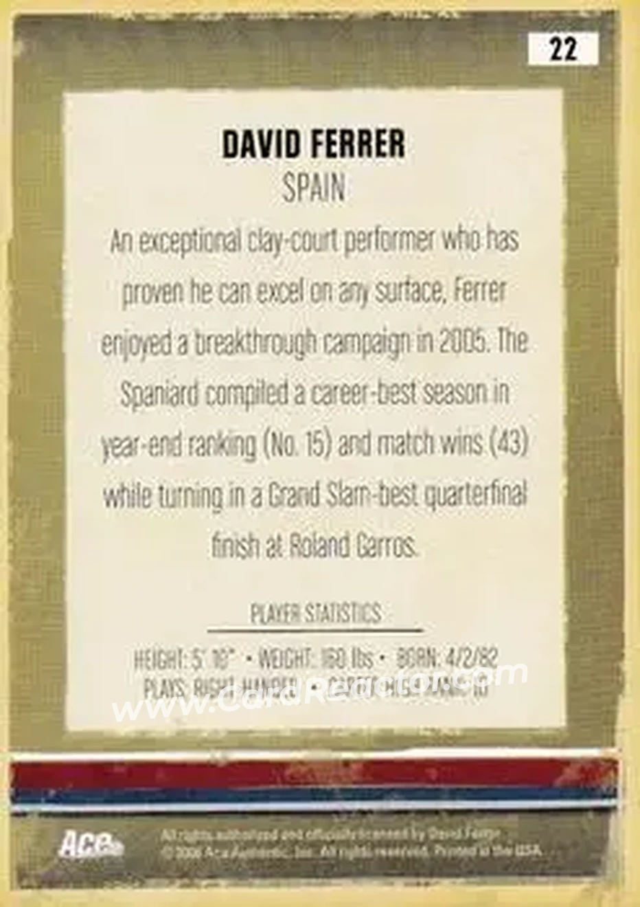 2006 Ace Authentic Heroes & Legends #22 - David Ferrer - Back