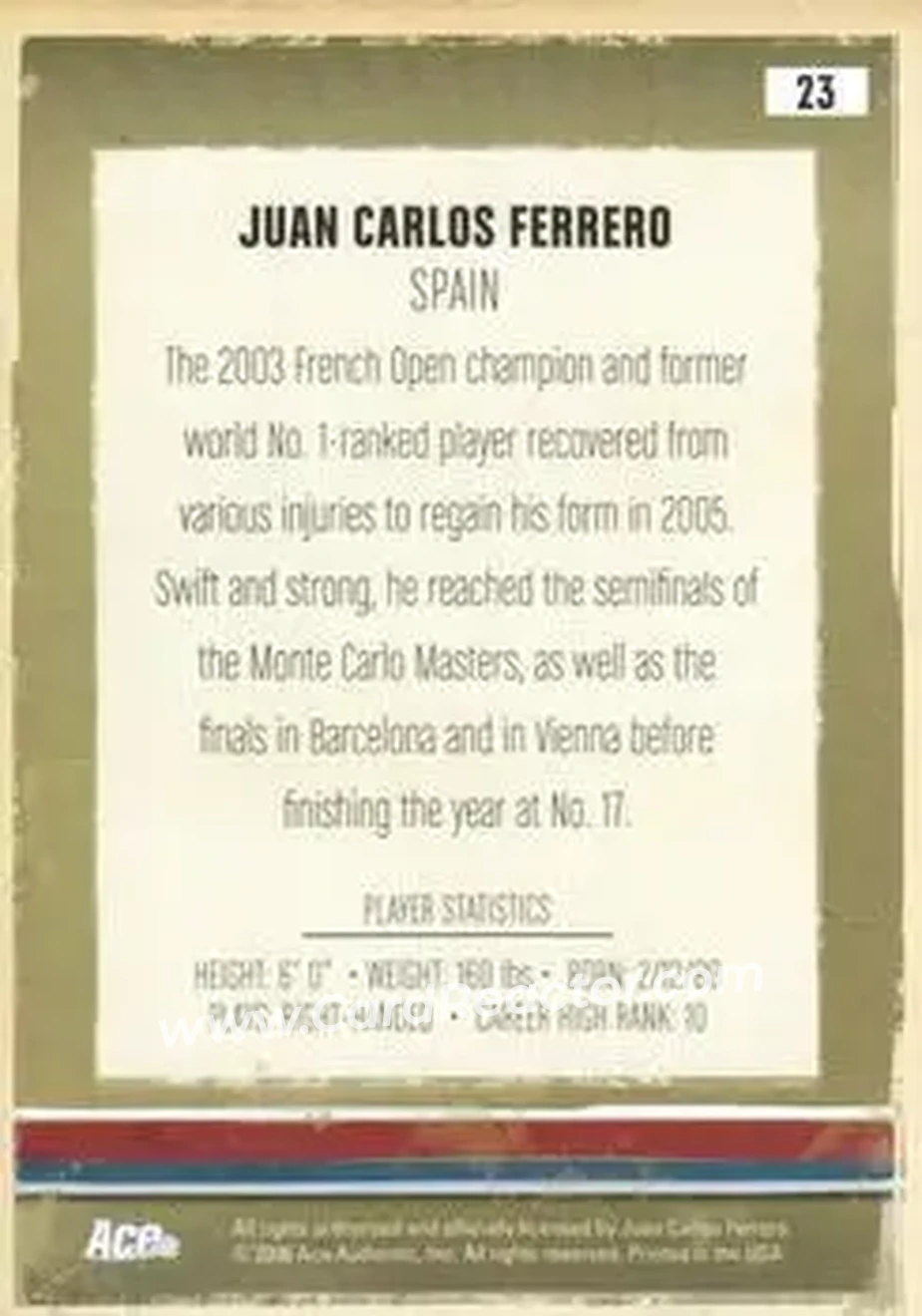 2006 Ace Authentic Heroes & Legends #23 - Juan Carlos Ferrero - Back