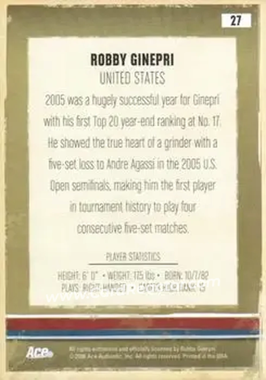 2006 Ace Authentic Heroes & Legends #27 - Robby Ginepri - Back