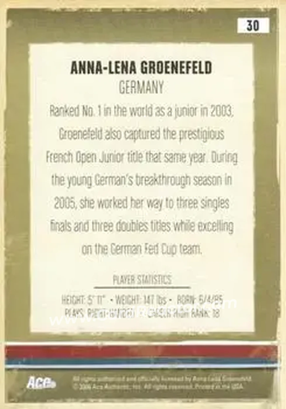 2006 Ace Authentic Heroes & Legends #30 - Anna-Lena Groenefeld - Back