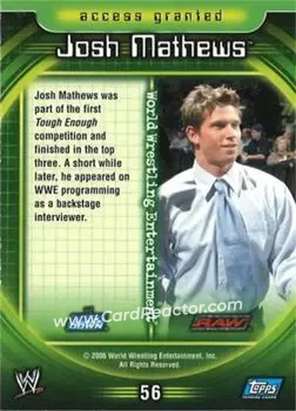 2006 Topps WWE Insider English (UK) #56 - Josh Mathews - Back