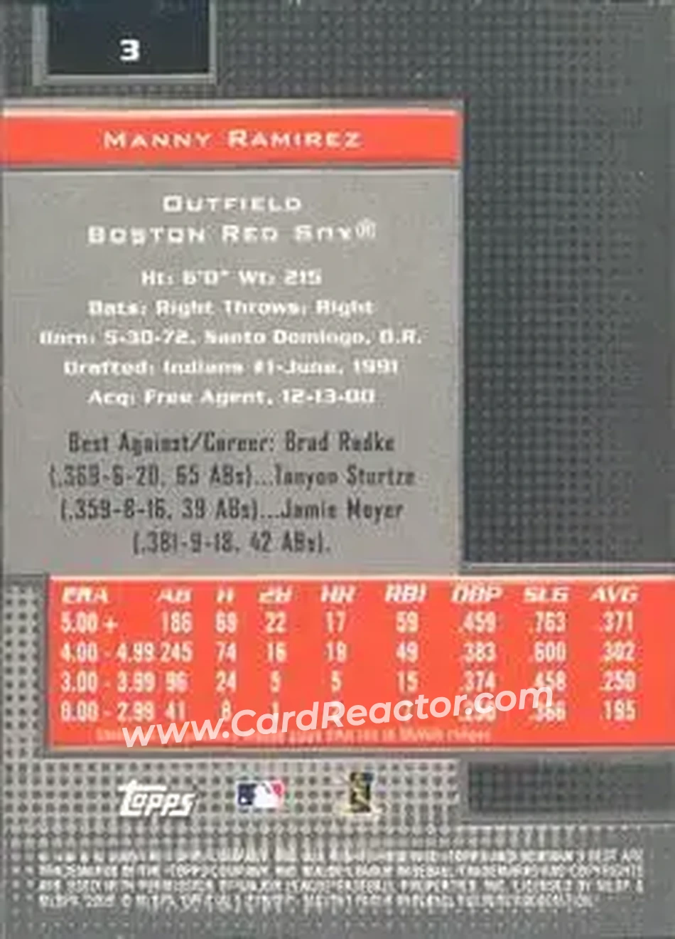 2005 Bowman's Best #3 - Manny Ramirez - Boston Red Sox - Back