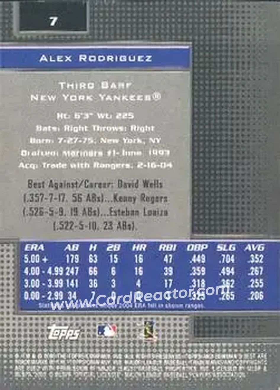 2005 Bowman's Best #7 - Alex Rodriguez - New York Yankees - Back