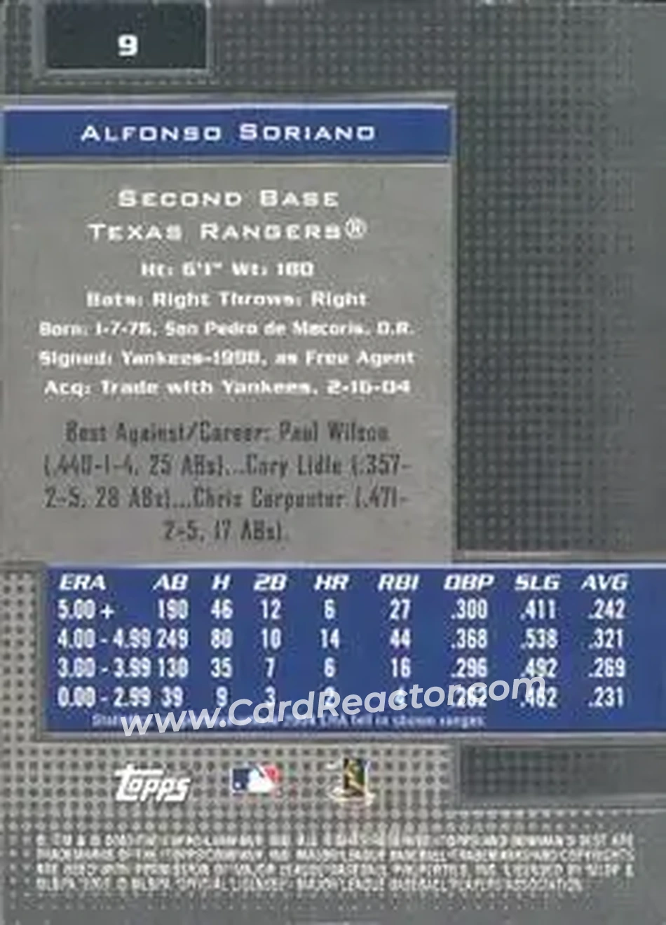 2005 Bowman's Best #9 - Alfonso Soriano - Texas Rangers - Back