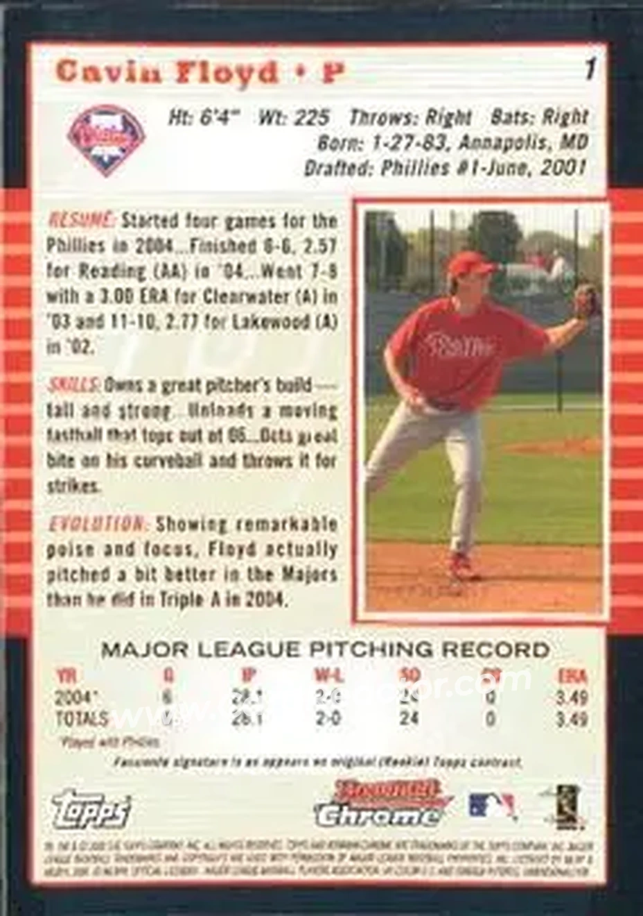 2005 Bowman Chrome #1 - Gavin Floyd - Philadelphia Phillies - Back