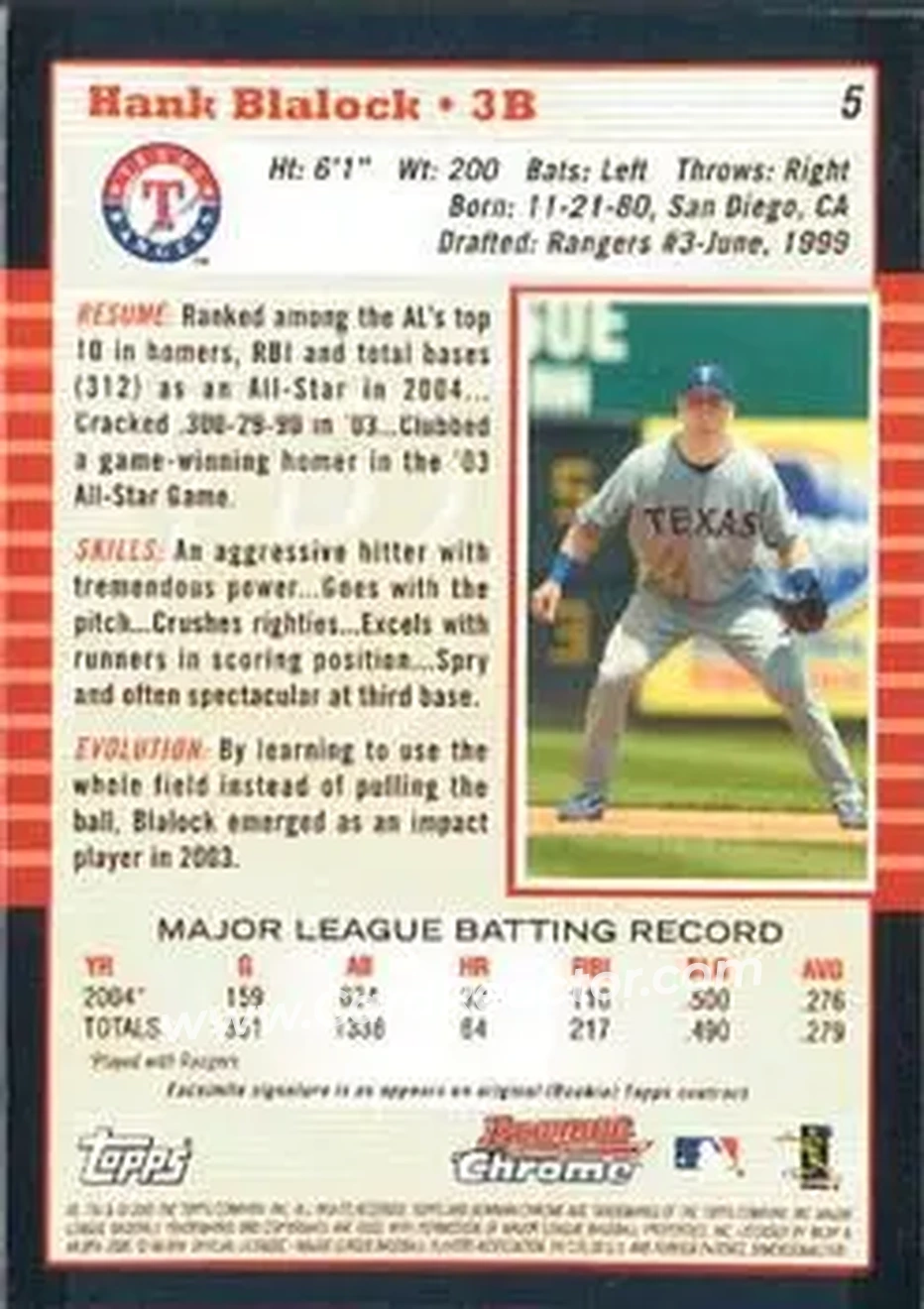 2005 Bowman Chrome #5 - Hank Blalock - Texas Rangers - Back