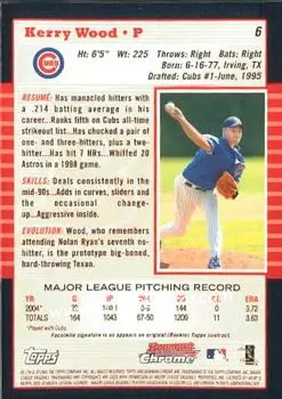2005 Bowman Chrome #6 - Kerry Wood - Chicago Cubs - Back