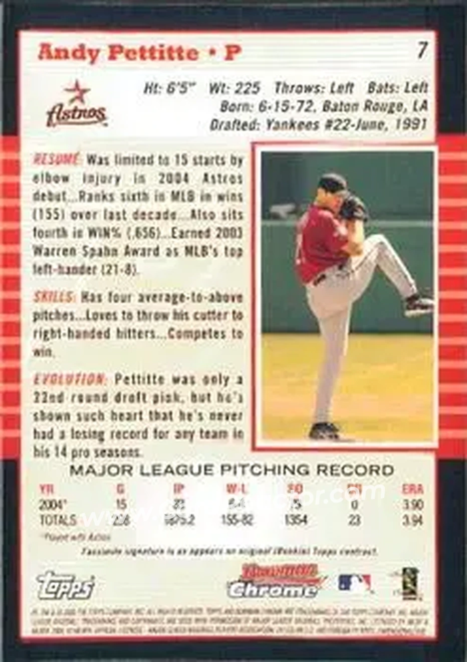 2005 Bowman Chrome #7 - Andy Pettitte - Houston Astros - Back