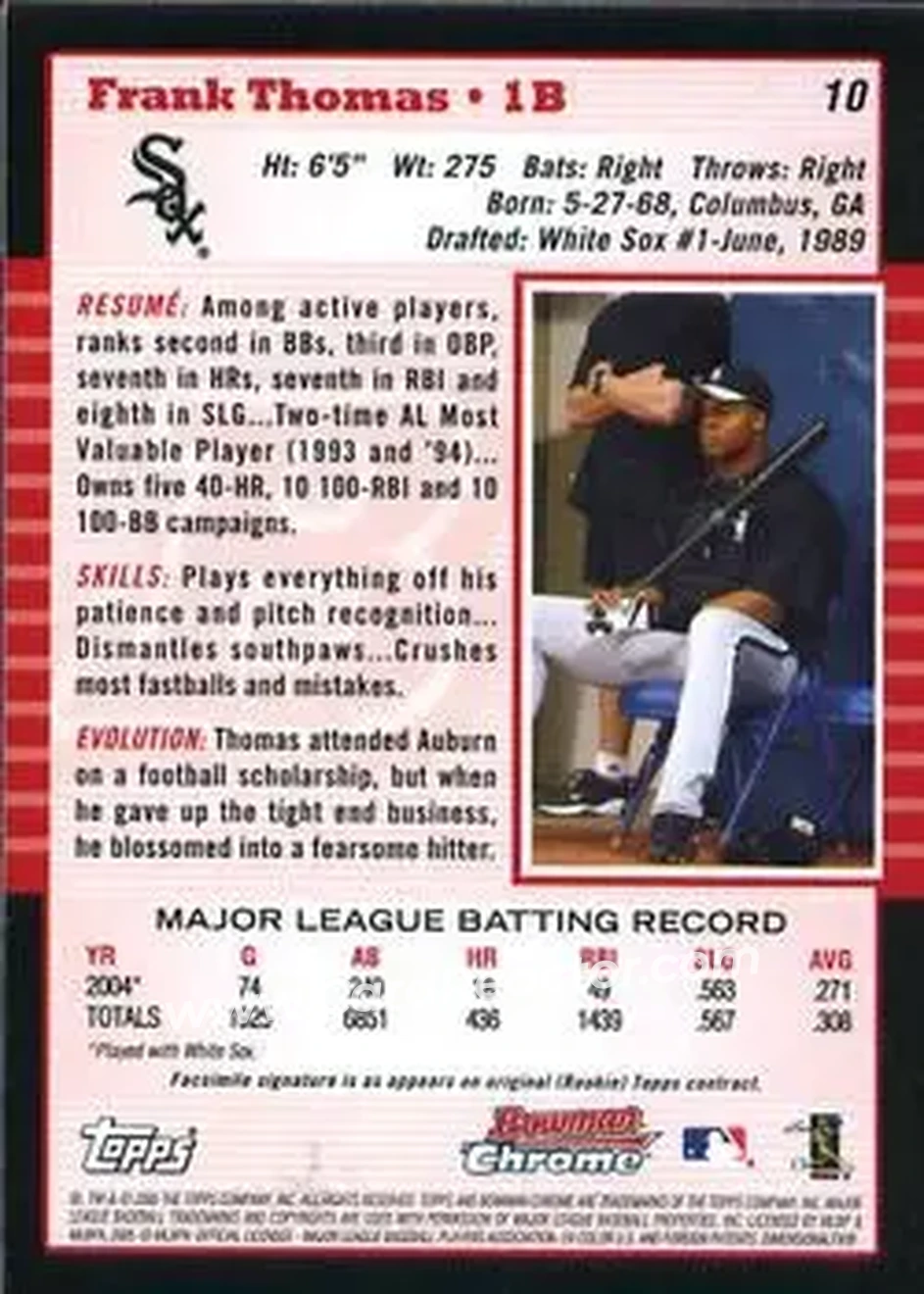 2005 Bowman Chrome #10 - Frank Thomas - Chicago White Sox - Back