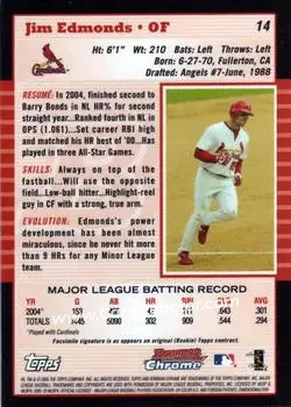 2005 Bowman Chrome #14 - Jim Edmonds - St. Louis Cardinals - Back