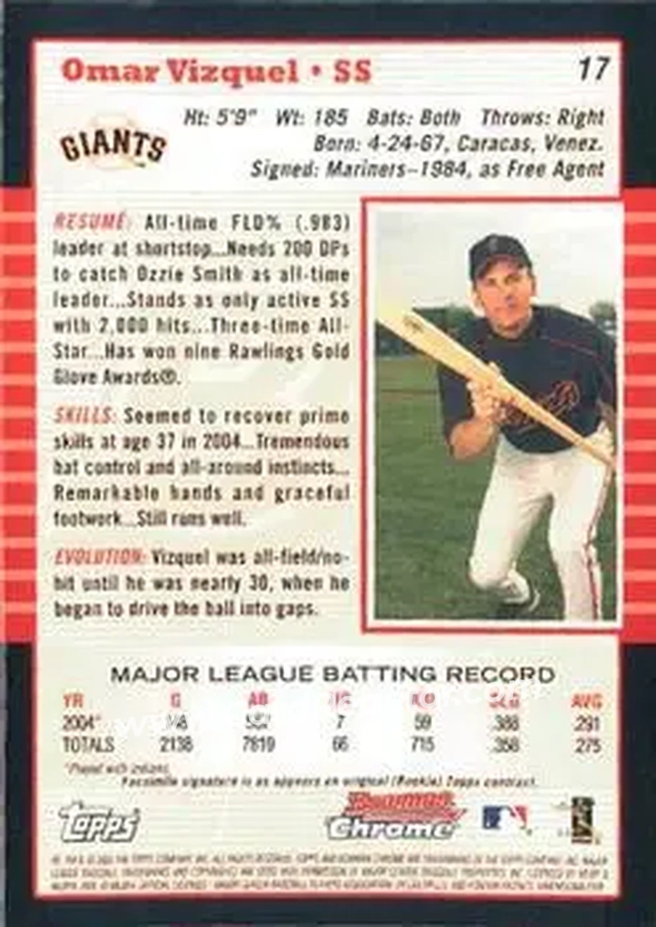 2005 Bowman Chrome #17 - Omar Vizquel - San Francisco Giants - Back