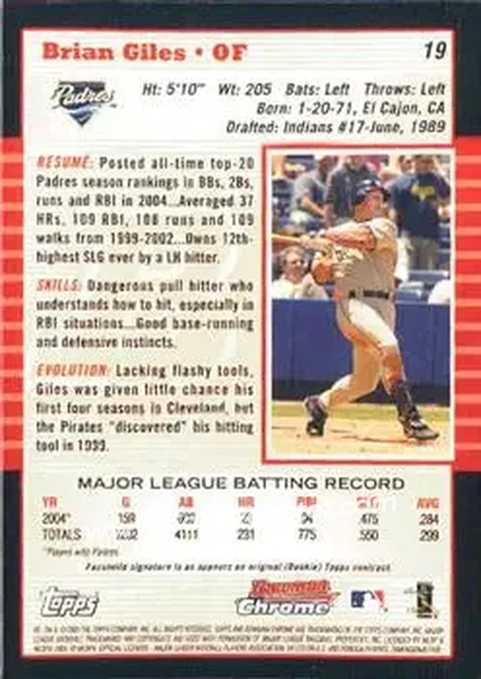 2005 Bowman Chrome #19 - Brian Giles - San Diego Padres - Back