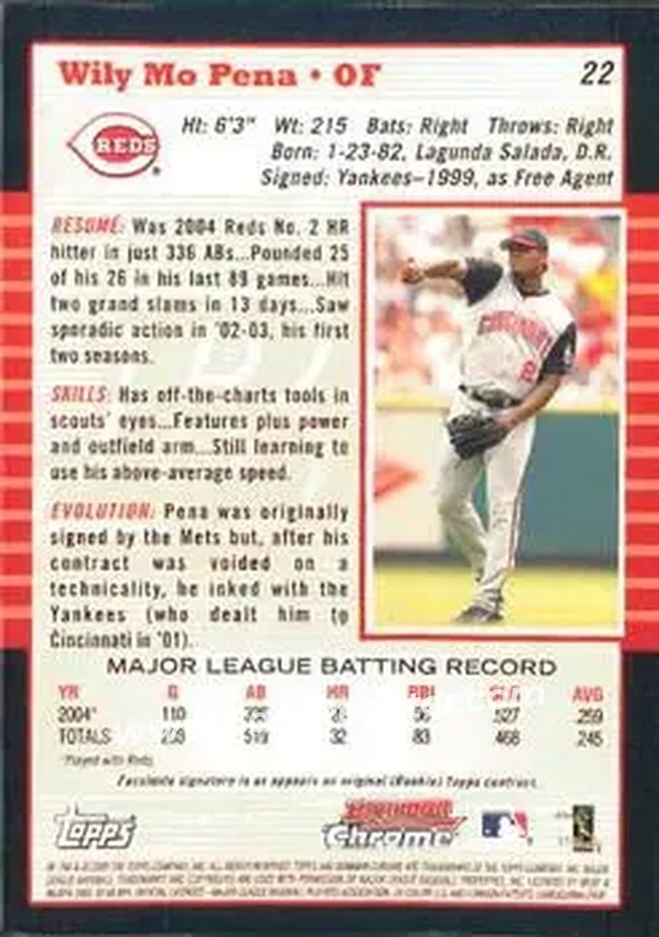2005 Bowman Chrome #22 - Wily Mo Pena - Cincinnati Reds - Back