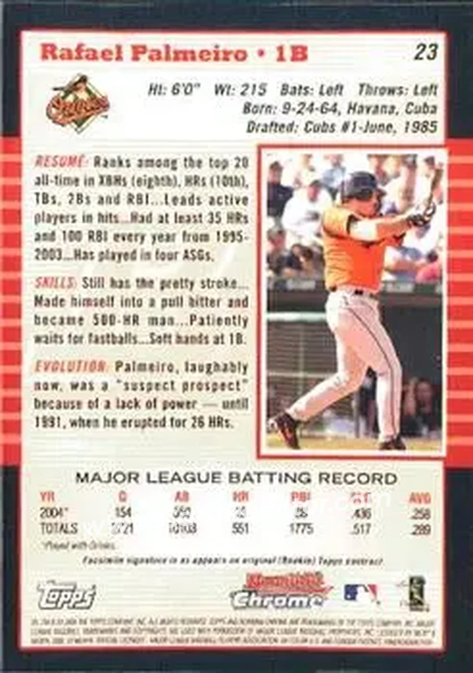 2005 Bowman Chrome #23 - Rafael Palmeiro - Baltimore Orioles - Back