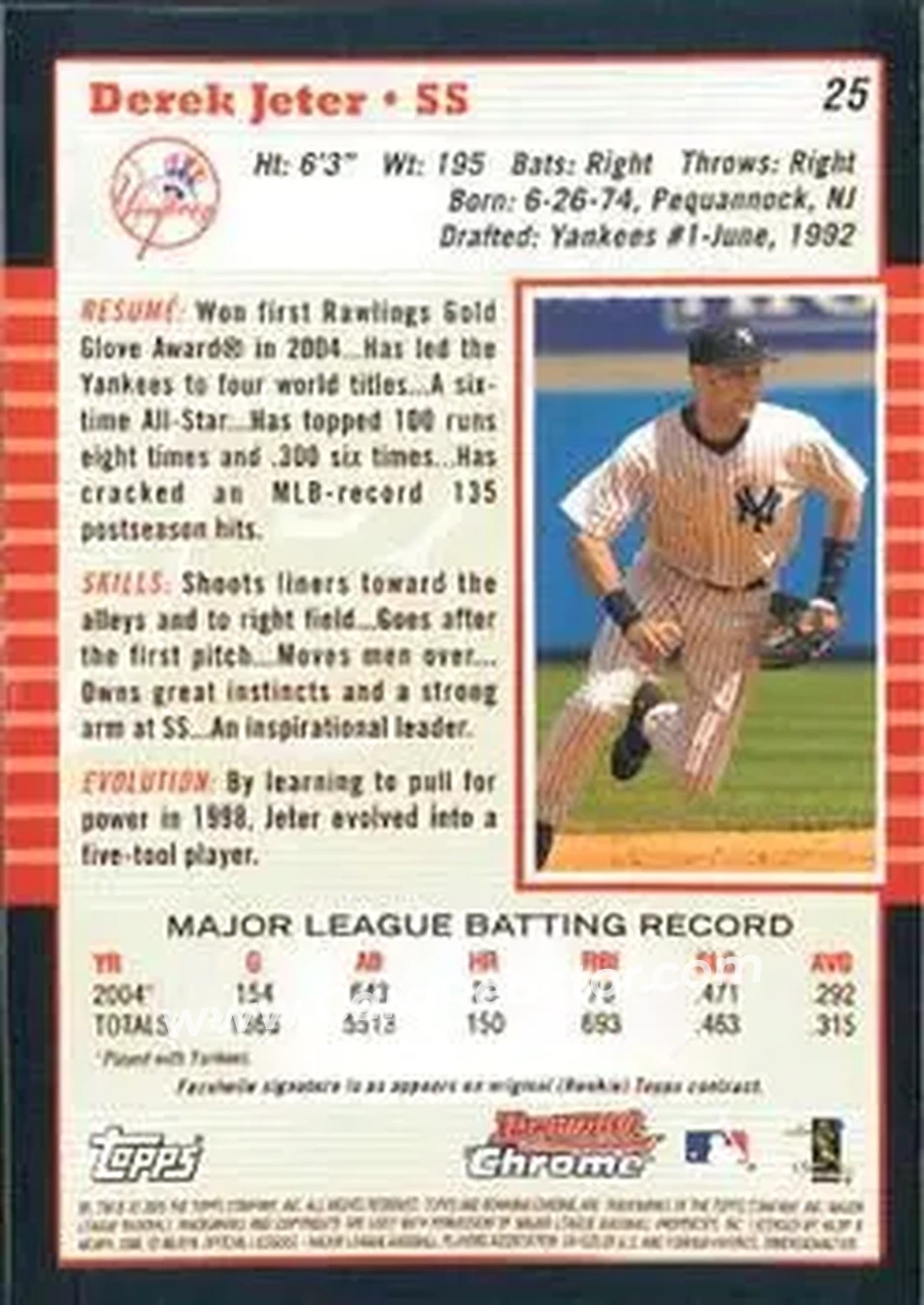 2005 Bowman Chrome #25 - Derek Jeter - New York Yankees - Back