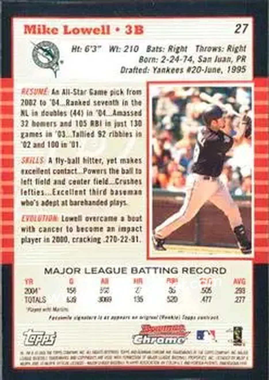 2005 Bowman Chrome #27 - Mike Lowell - Florida Marlins - Back