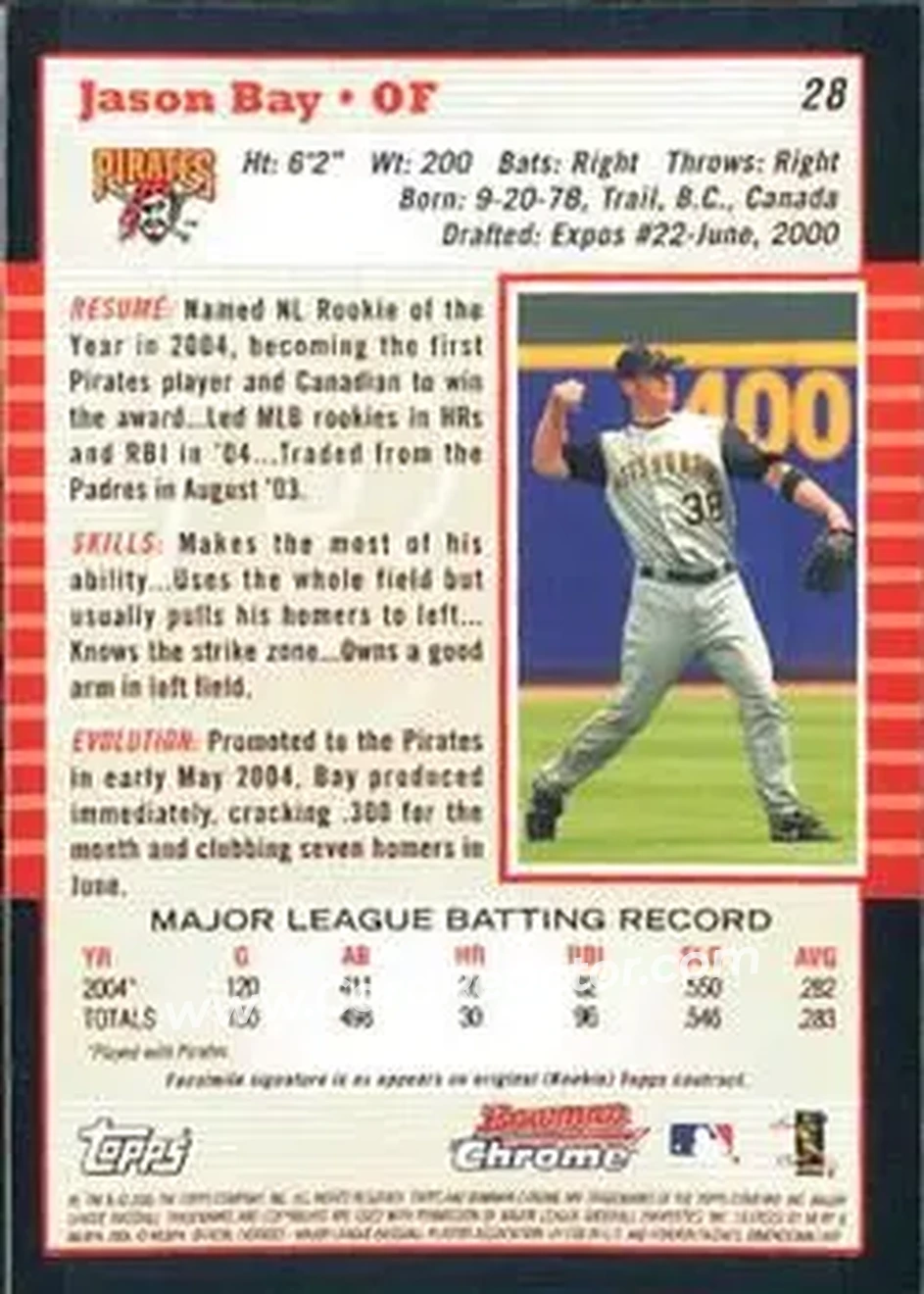 2005 Bowman Chrome #28 - Jason Bay - Pittsburgh Pirates - Back