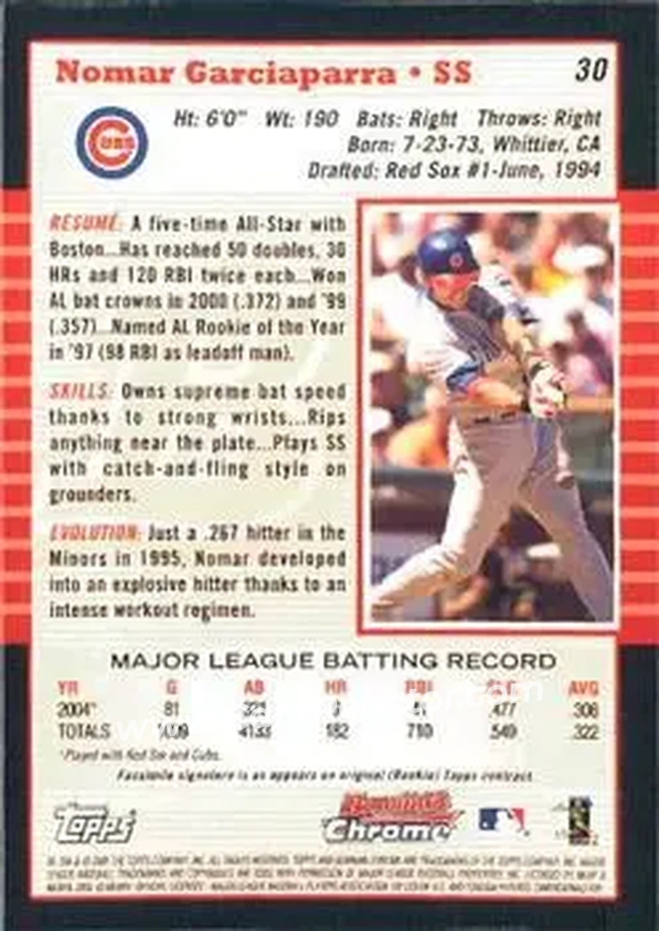 2005 Bowman Chrome #30 - Nomar Garciaparra - Chicago Cubs - Back 2005 Bowman Chrome #30 - Nomar Garciaparra - Chicago Cubs - Back