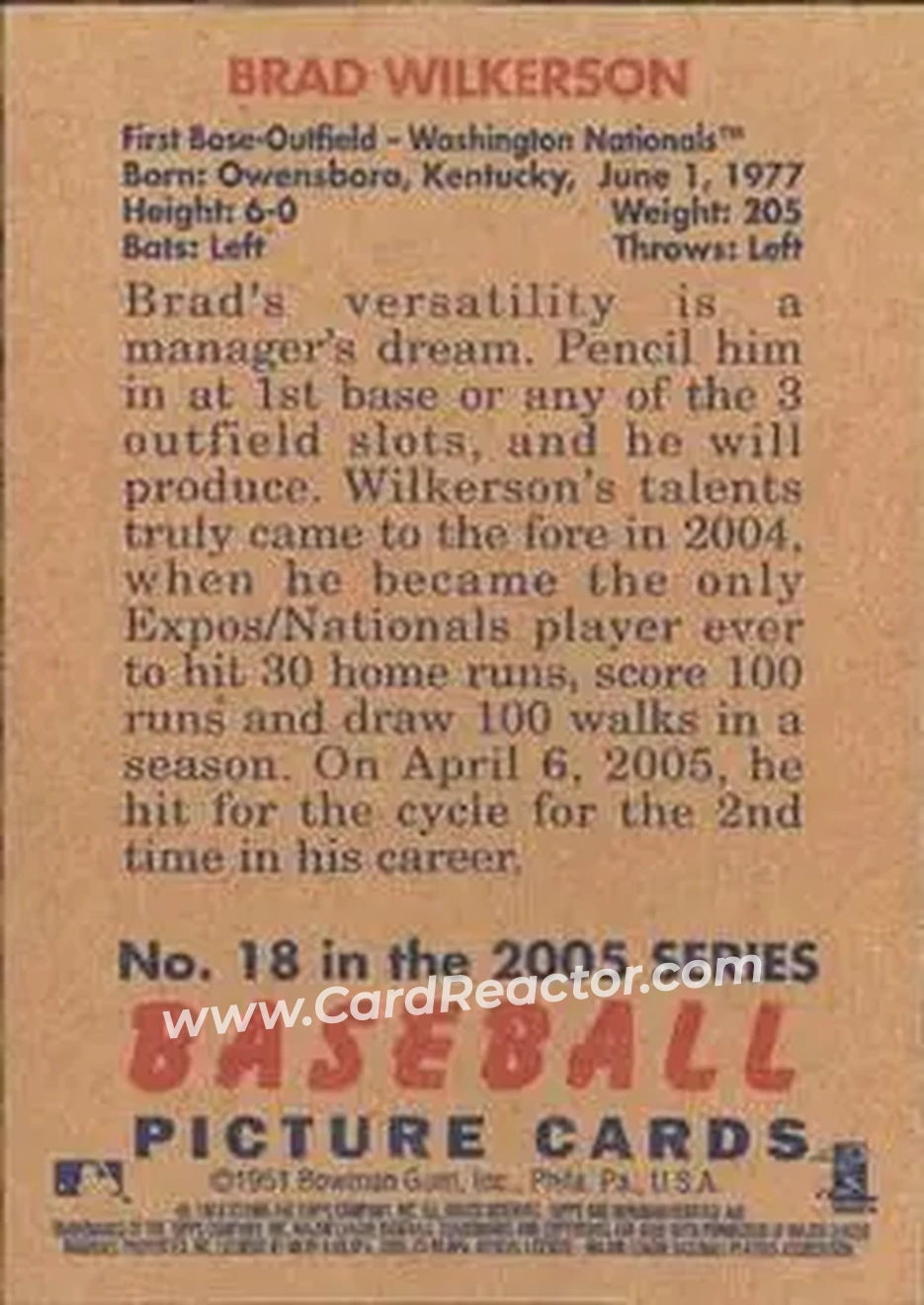 2005 Bowman Heritage #18 - Brad Wilkerson - Washington Nationals - Back