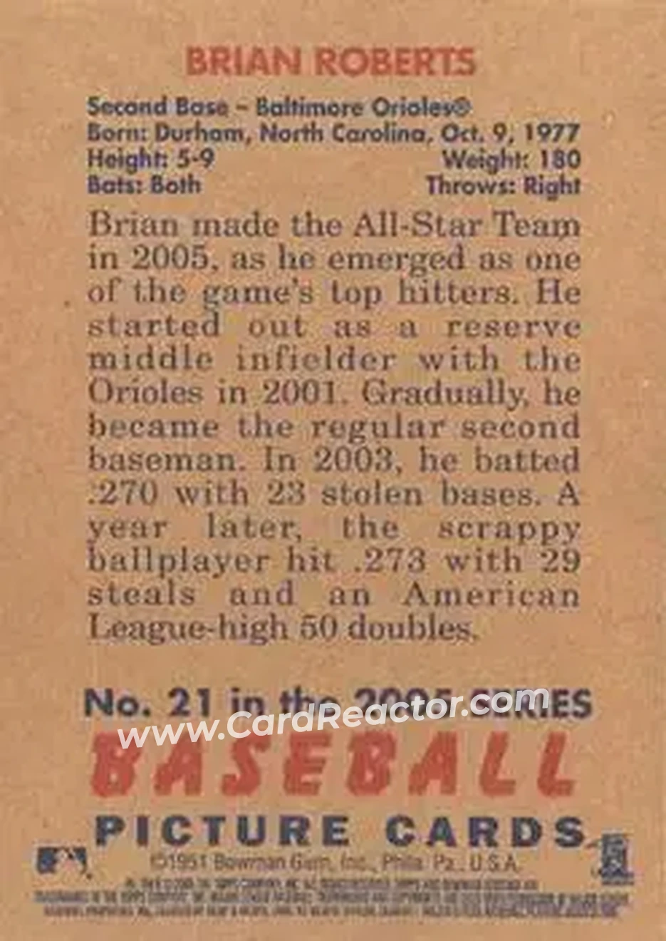 2005 Bowman Heritage #21 - Brian Roberts - Baltimore Orioles - Back