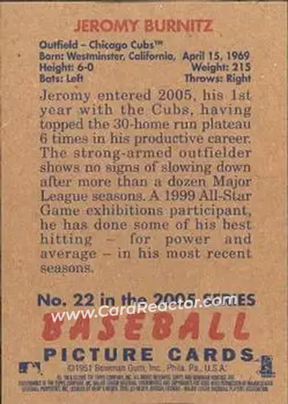 2005 Bowman Heritage #22 - Jeromy Burnitz - Chicago Cubs - Back