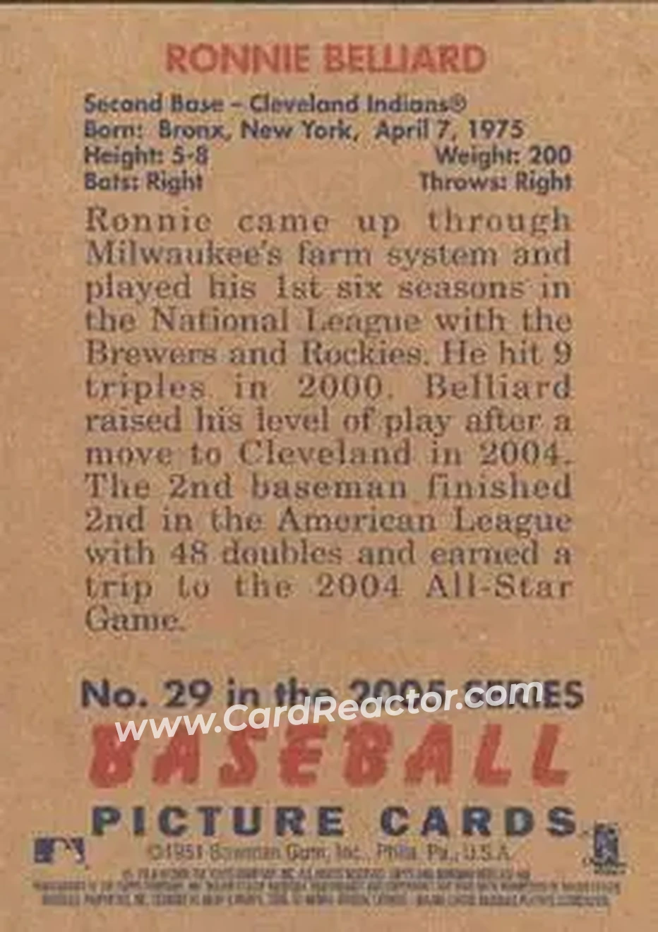 2005 Bowman Heritage #29 - Ronnie Belliard - Cleveland Indians - Back