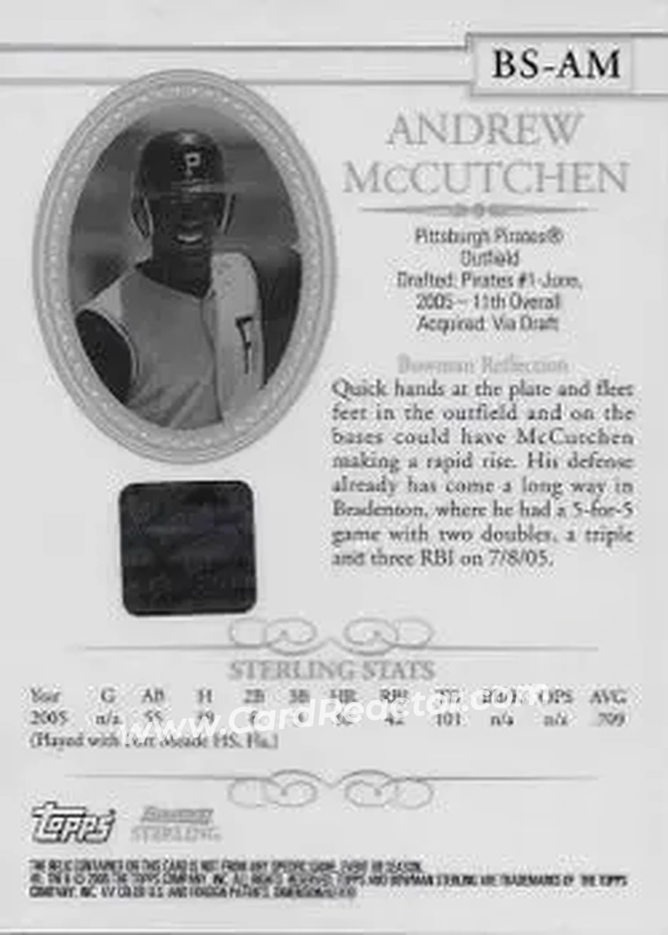 2005 Bowman Sterling #BS-AM - Andrew McCutchen - Pittsburgh Pirates - Back