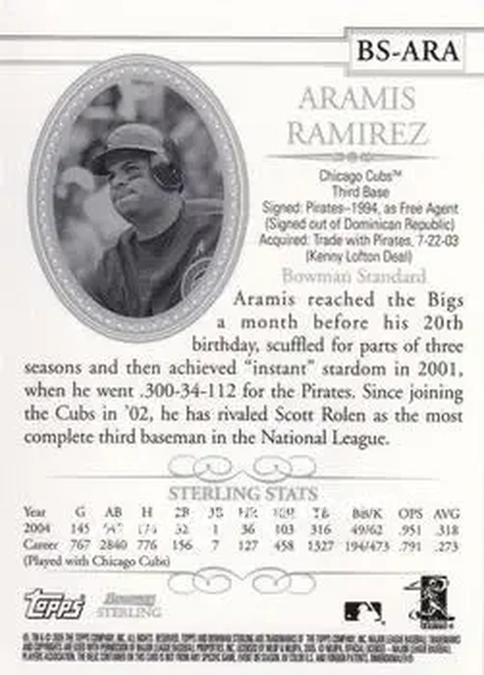2005 Bowman Sterling #BS-ARA - Aramis Ramirez - Chicago Cubs - Back 2005 Bowman Sterling #BS-ARA - Aramis Ramirez - Chicago Cubs - Back