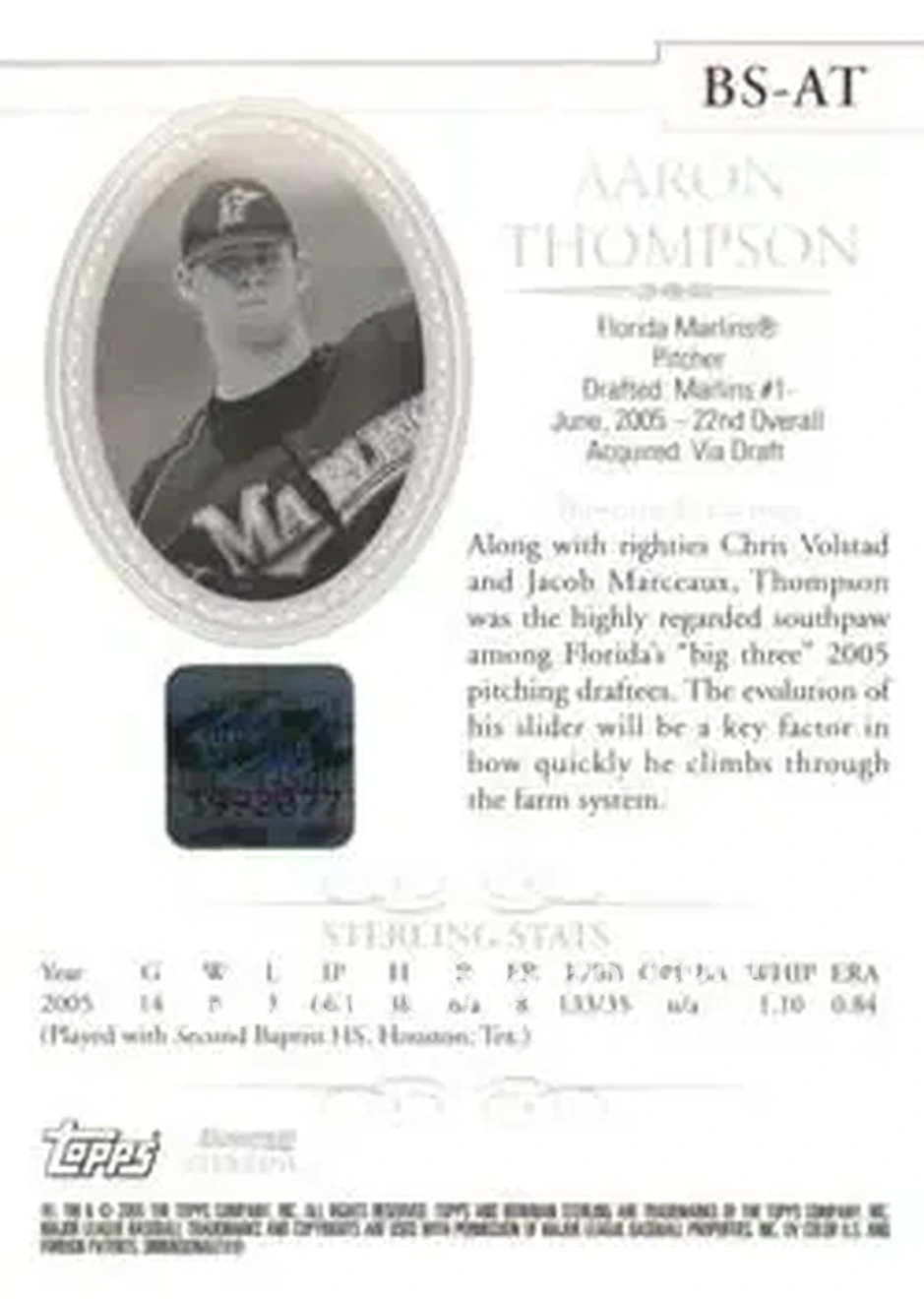 2005 Bowman Sterling #BS-AT - Aaron Thompson - Florida Marlins - Back