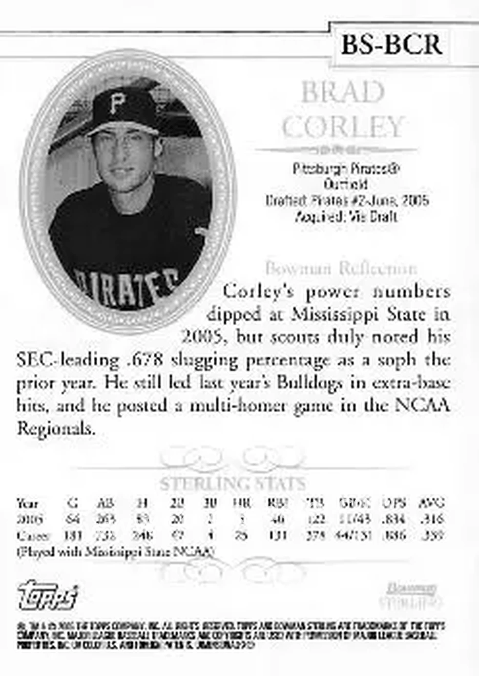 2005 Bowman Sterling #BS-BCR - Brad Corley - Pittsburgh Pirates - Back