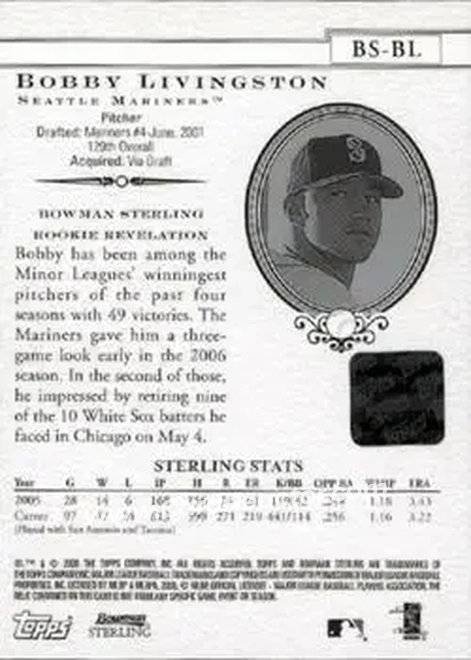 2005 Bowman Sterling #BS-BL - Bobby Livingston - Seattle Mariners - Back