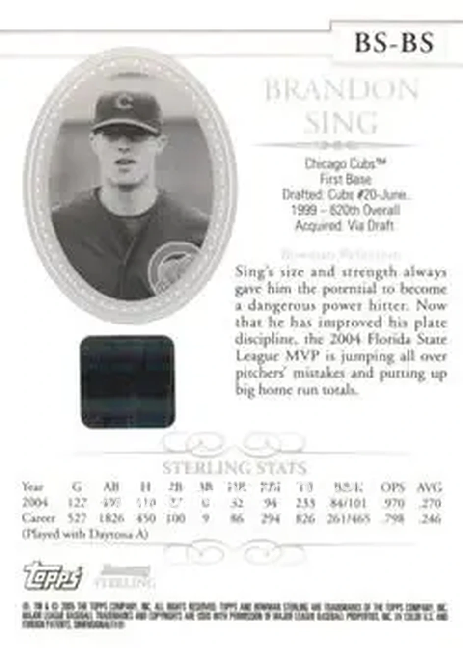 2005 Bowman Sterling #BS-BS - Brandon Sing - Chicago Cubs - Back