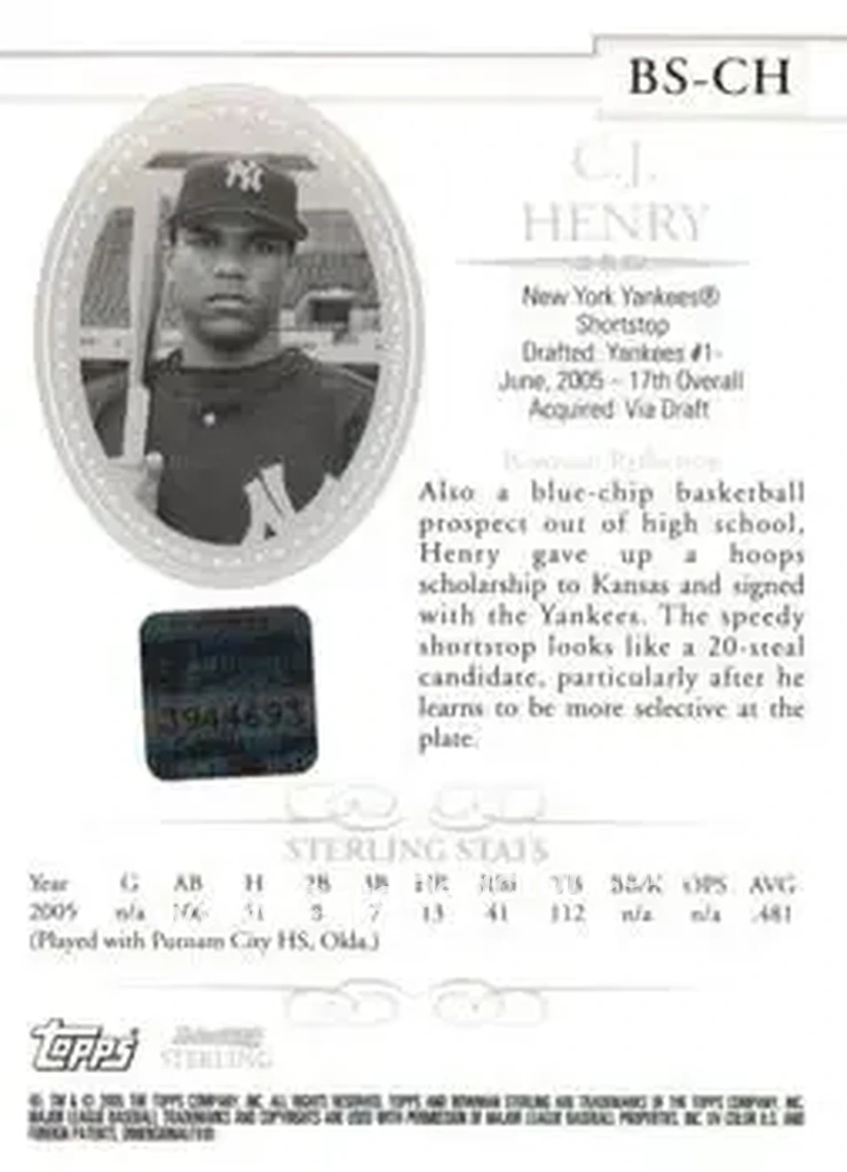 2005 Bowman Sterling #BS-CH - C.J. Henry - New York Yankees - Back