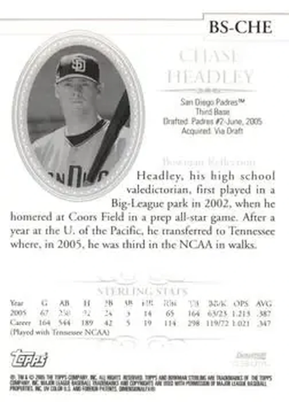 2005 Bowman Sterling #BS-CHE - Chase Headley - San Diego Padres - Back