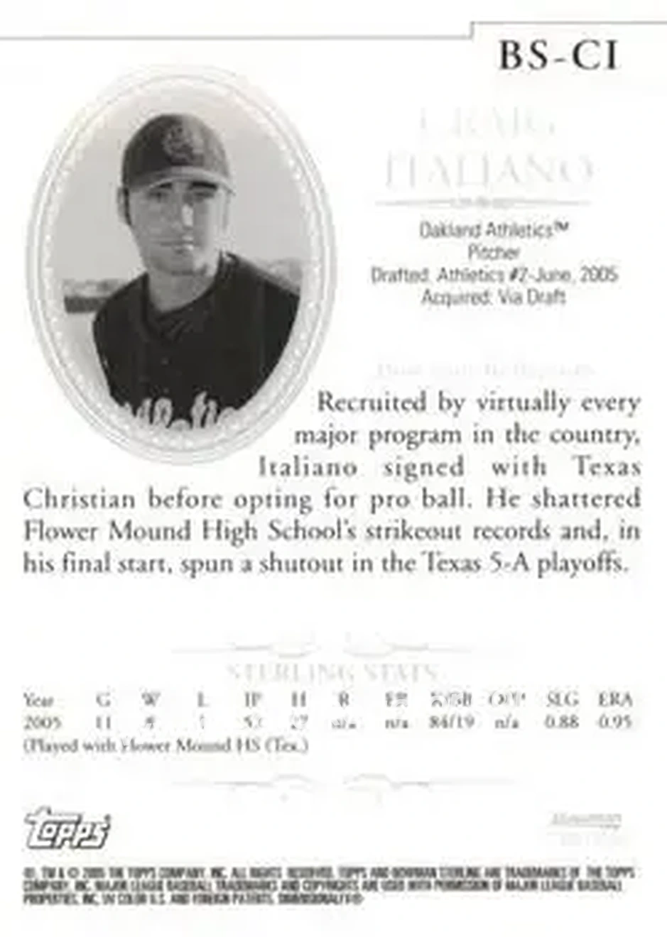 2005 Bowman Sterling #BS-CI - Craig Italiano - Oakland Athletics - Back