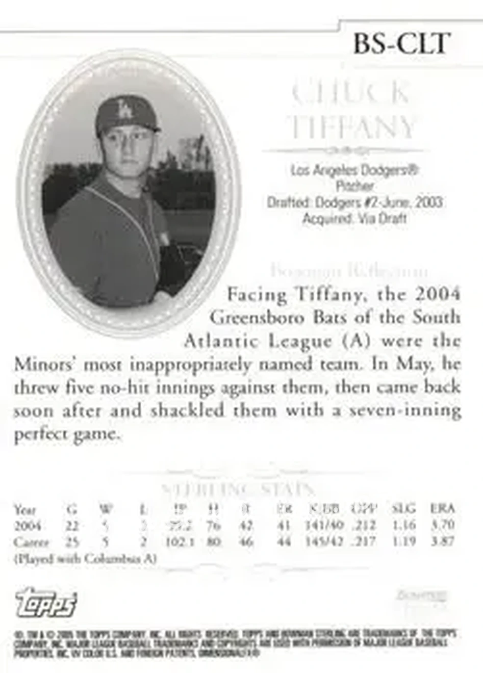 2005 Bowman Sterling #BS-CLT - Chuck Tiffany - Los Angeles Dodgers - Back 2005 Bowman Sterling #BS-CLT - Chuck Tiffany - Los Angeles Dodgers - Back