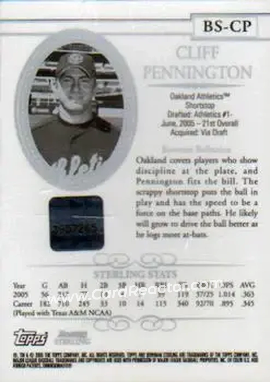2005 Bowman Sterling #BS-CP - Cliff Pennington - Oakland Athletics - Back
