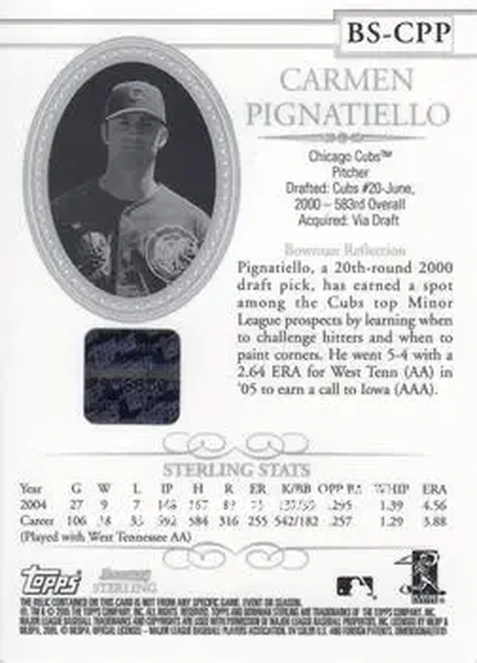 2005 Bowman Sterling #BS-CPP - Carmen Pignatiello - Chicago Cubs - Back