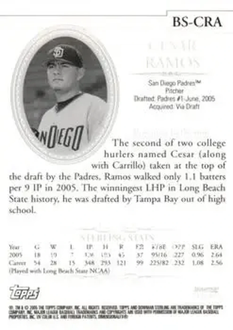 2005 Bowman Sterling #BS-CRA - Cesar Ramos - San Diego Padres - Back