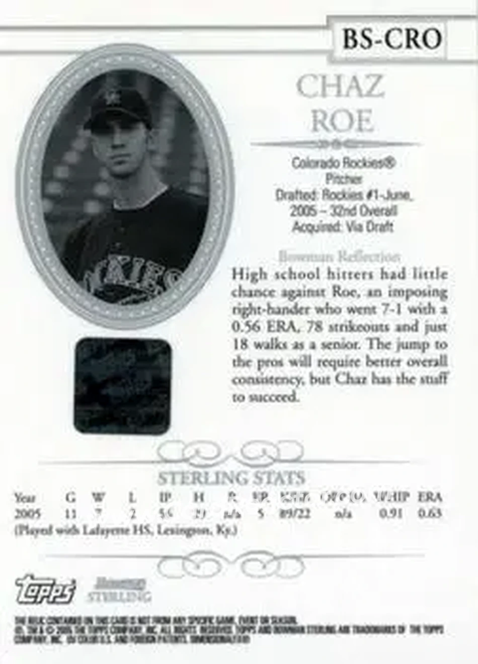 2005 Bowman Sterling #BS-CRO - Chaz Roe - Colorado Rockies - Back