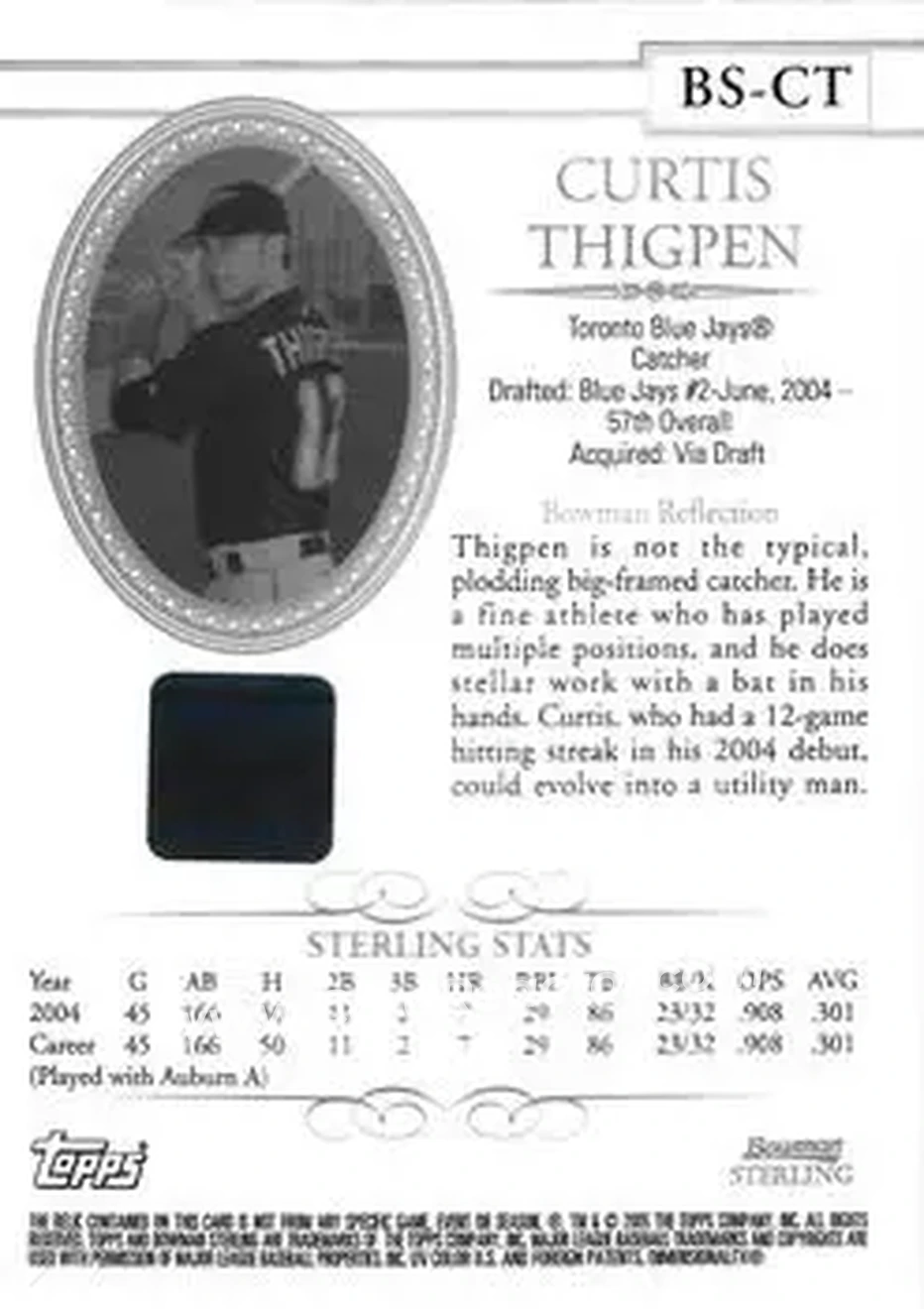2005 Bowman Sterling #BS-CT - Curtis Thigpen - Toronto Blue Jays - Back