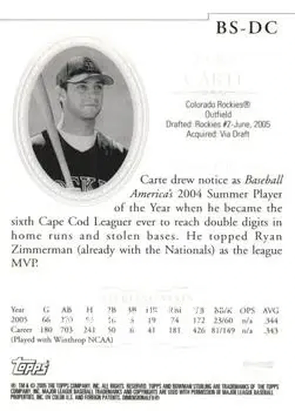 2005 Bowman Sterling #BS-DC - Daniel Carte - Colorado Rockies - Back