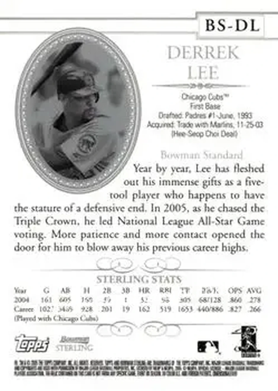 2005 Bowman Sterling #BS-DL - Derrek Lee - Chicago Cubs - Back