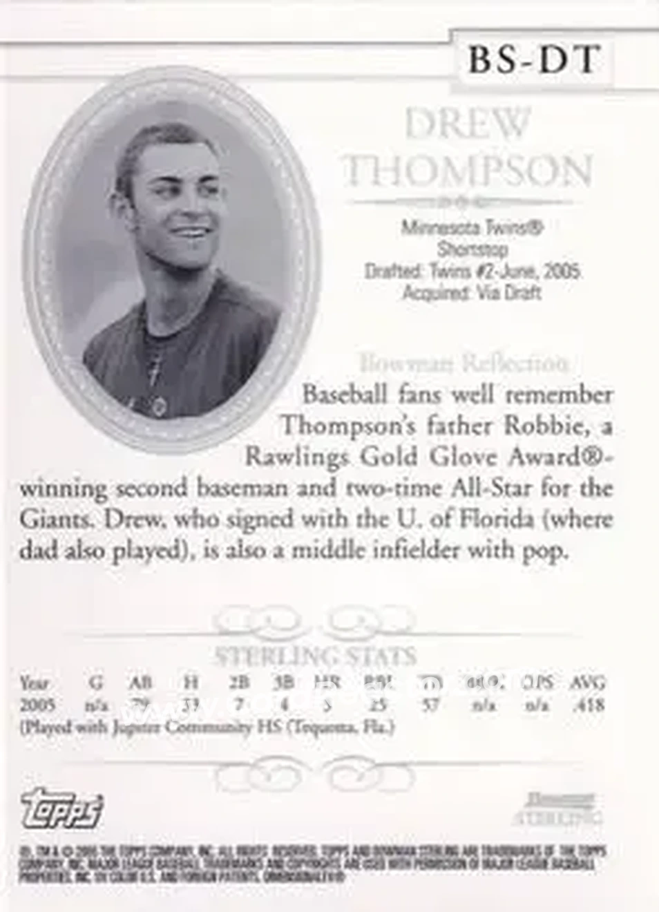 2005 Bowman Sterling #BS-DT - Drew Thompson - Minnesota Twins - Back